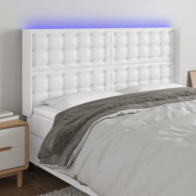 vidaXL Tăblie de pat cu LED, alb, 183x16x118/128 cm, piele ecologică foto