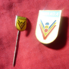 2 Insigne Sport Romania - Daciada , h=2,5 si 1,2 cm , metal si email