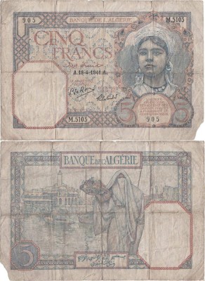 1941 ( 18 IV ) , 5 francs ( P-77b.10 ) - Algeria foto