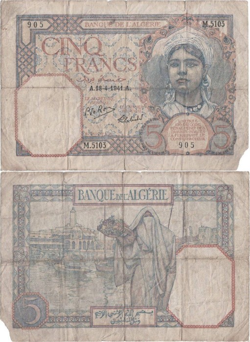 1941 ( 18 IV ) , 5 francs ( P-77b.10 ) - Algeria