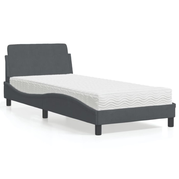 vidaXL Pat cu saltea, Dover, gri &icirc;nchis, 90x200 cm, catifea 3208332