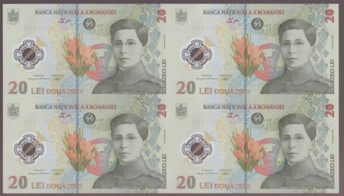 ROMANIA 2025 4 X 20 LEI In coala cu Certificat de autenticitate si Plic BNR