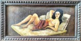 Cumpara ieftin Femeie seminud &icirc;ntinsă pe pat, pictură veche rom&acirc;nească, Nud, Ulei, Impresionism