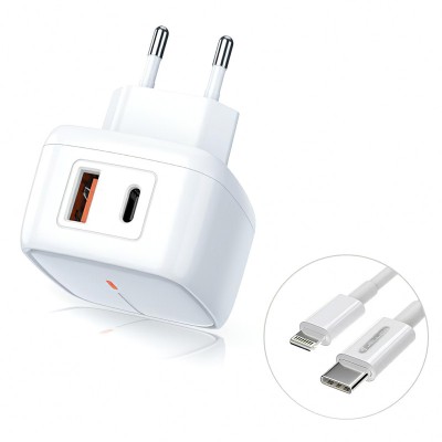 Incarcator Retea cu cablu Lightning JELLICO C3, 1 X USB - 1 X USB Tip-C, 18W, Quick Charge, Alb foto