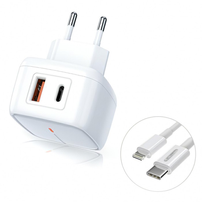 Incarcator Retea cu cablu Lightning JELLICO C3, 1 X USB - 1 X USB Tip-C, 18W, Quick Charge, Alb