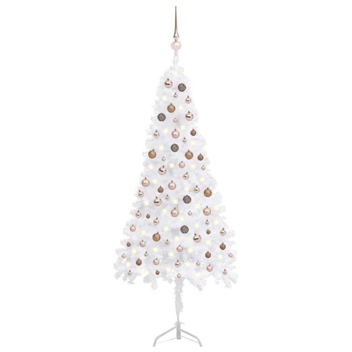 Brad de Crăciun artificial de colț LED&amp;globuri alb 210 cm PVC