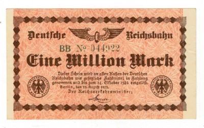 Lot 2 Bancnote Germania Reichsbahn - 1 , 2 milioane Marci 1923 foto