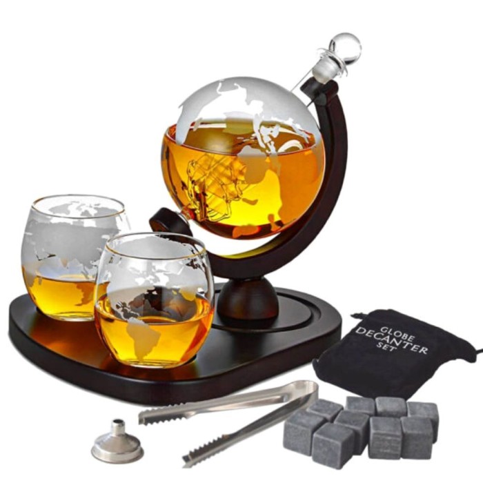 Set decantor Deluxe, design glob pamantesc, 2 pahare cu imprimeu modern, tava, accesorii incluse