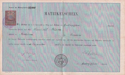 A3344N Matricula de student a lui Romulus Mioc (viitor primar Petroșani, prefect județ Hunedoara) la Facultatea de Teologie din Viena, 1908 foto