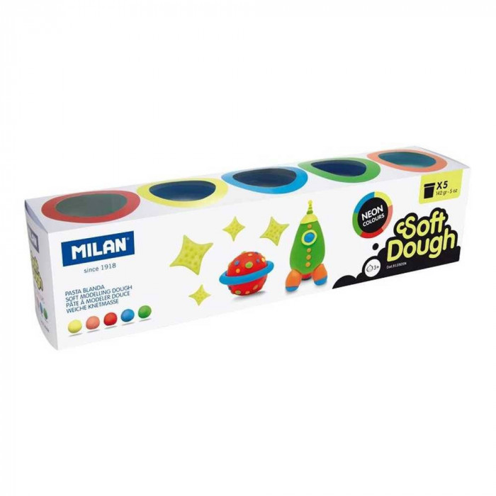 Plastilina Usoara pentru Modelat Milan Neon, 5 Culori, 720 g, 5 Tuburi de 142 g, Plastic, Plastilina Scoala, Plastilina Gradinita, Plastilina Modelare