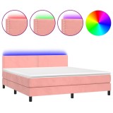Cumpara ieftin Pat cu arcuri, saltea si LED, roz, 160x200 cm, catifea