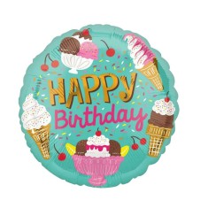 Balon din folie metalizata, flippy, mini figurina rotunda, model inghetata, happy birthday, tematica aniversare, 45 cm, ambalaj individual, pai inclus