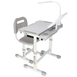 Set birou reglabil pentru copii cu scaun ergonomic si lampa LED USB, gri/alb