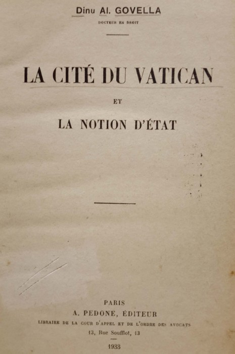 Dinu Govella, CETATEA VATICANULUI, Paris, 1933
