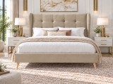 Pat Almera 180x200 cm Tapitat Catifea Bej Somiera Inclusa (cod ML 2227-01)