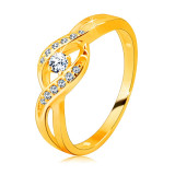 Inel din aur de 14 K - brațe subțiri &icirc;mpletite cu zirconii, zirconiu rotund strălucitor - Marime inel: 56