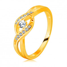 Inel din aur de 14 K - brațe subțiri împletite cu zirconii, zirconiu rotund strălucitor - Marime inel: 56