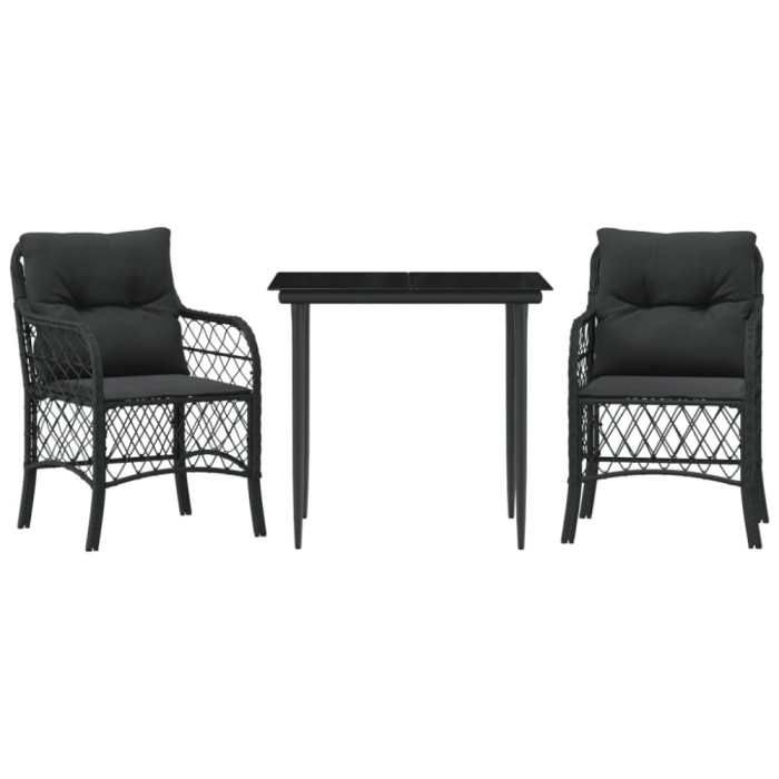 Set bistro cu perne, 3 piese, negru, poliratan