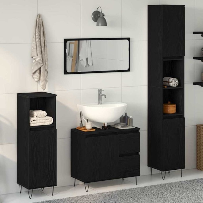 Set Mobilă Baie 3 Piese Stejar Negru Lemn Prelucrat