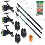 Set 3 lansete eastshark 2,4m, 3 senzori, 3 mulinete, cantar, pufuleti si monturi, EAST SHARK