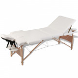 Masă de masaj pliabilă, 3 zone, cu cadru din lemn, crem