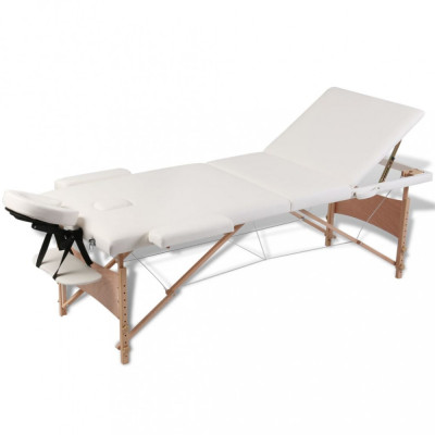 vidaXL Masă de masaj pliabilă, 3 zone, crem, cadru din lemn foto