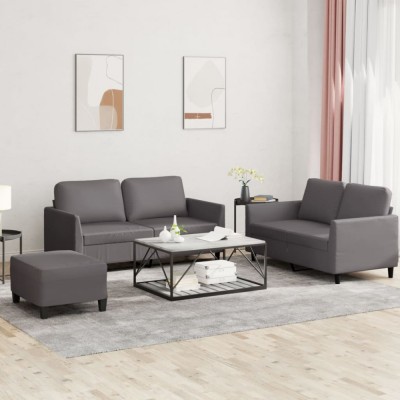 vidaXL Set de canapele cu perne, 3 piese, gri, piele ecologică 3201757 foto