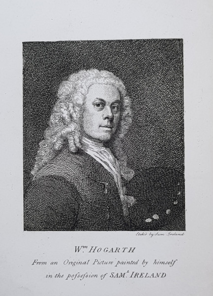 GRAVURA PE ARAMA , PICTORUL W. HOGART - AUTOPORTRET , gravura de SAMUEL IRELAND , SECOLUL XVIII