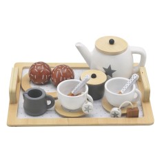 Set de cafea si ceai din lemn pentru copii cu accesorii - alb/gri