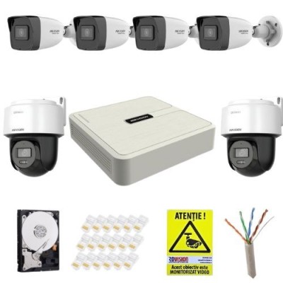 Sistem supraveghere complet Hiwatch, 4 camere fixe 4MP, IR 30m, 2 camere rotative Hikvision 4MP, Microfon, Difuzor, Imagini color noaptea, Auto-Tracki foto