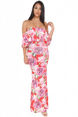 Q486-52 Rochie maxi, de vara, cu print colorat, umerii goi si volanas foto