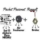 Set Cadou Pasionati Renault , 13 Stickere Personalizate, Breloc 3D si Air Freshener Roata 3D