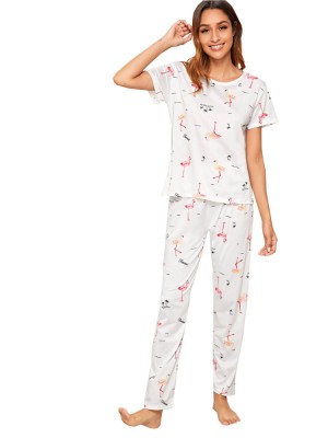 Pijama dama, model Flamingo, alb/roz, L foto