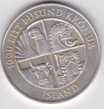Moneda Argint Islanda 1000 Kronur 1974, 1st Settlement comemorativa