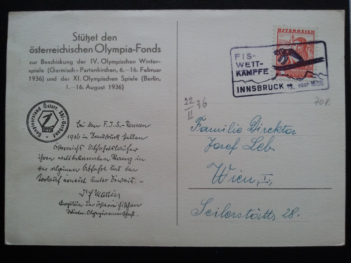 1936-Austria-C.P.circ-Innsbruck-stampila J.O.-RARA