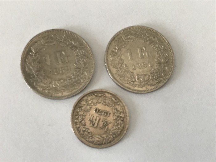 Lot de 3 monede-franci elvețieni:2x1 franc si 1/2 Fr din 1970.