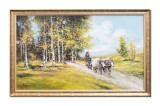 Tablou car cu boi pe cararea de langa padure pictat manual inramat, 110x70cm ulei pe panza, Geo Ungureanu