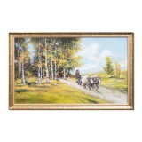 Tablou car cu boi pe cararea de langa padure pictat manual inramat, 110x70cm ulei pe panza, Geo Ungureanu