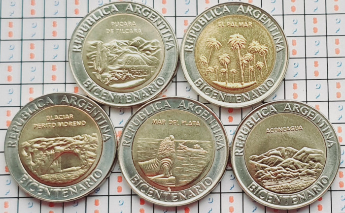 set 5 monede Argentina 1 Peso 2010 km 156-160 UNC May Revolution - A035