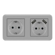Priza Dubla De Perete cu 2 Porturi USB Techstar&reg; TS-PC, 110-250V, 16A, Ignifuga, 80x151mm, Gri
