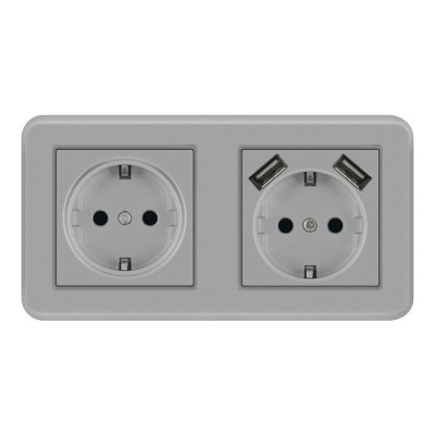 Priza Dubla De Perete cu 2 Porturi USB Techstar&amp;reg; TS-PC, 110-250V, 16A, Ignifuga, 80x151mm, Gri foto