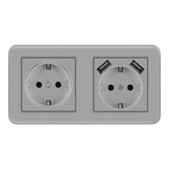 Priza Dubla De Perete cu 2 Porturi USB Techstar&reg; TS-PC, 110-250V, 16A, Ignifuga, 80x151mm, Gri