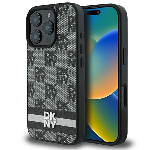 Husa iphone 16 pro - dkny leather ardcase checkered pattern and printed stripes (dkhcp16lpcptssk) - black