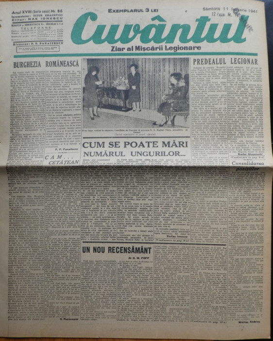 Cuvantul , ziar al miscarii legionare , 11 ianuarie 1941 , nr. 86 , 1