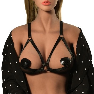 Sutien Open Cups din Benzi Satinate Misty, Negru, S-L, Mokko Toys foto