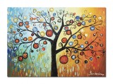 Tablou pictat manual living, dormitor, Copacul vietii, bucurie, 70x50cm ulei pe panza in relief cu efect 3D
