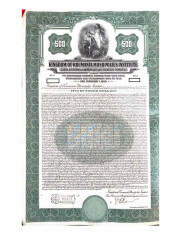 Obligatiune $500 dolari Aur 1929 la purtator, cu cupoane neplatite foto