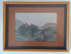 Tablou peisaj rustic cu copaci - Pictură pe mătase/Textil sui-bok, 26x20 cm