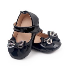 Pantofiori cu fundita cu strasuri, negri, din lac (Marime Disponibila: 6-9 luni