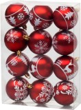 Set 12 globuri de Craciun rosii cu ornament alb, 6 cm, pentru brad